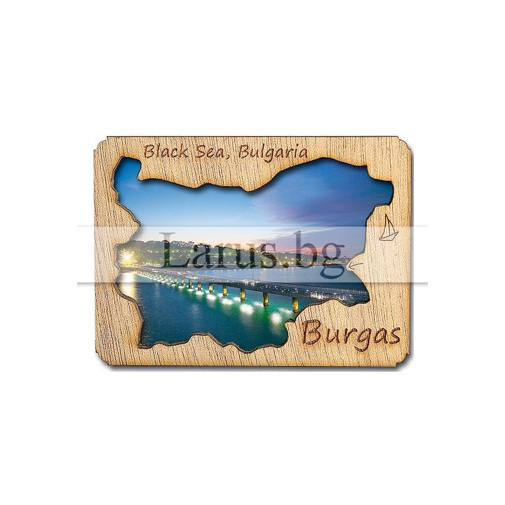 Магнитен сувенир Бургас с дървен елемент 12-mdBS-0004